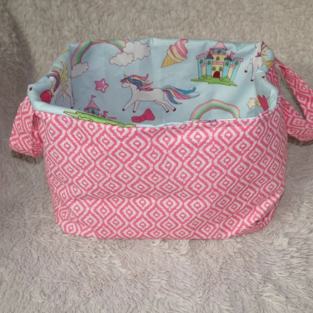 Girls Handmade Pink Rainbow Unicorn Storage Bin Basket Bag with Handles